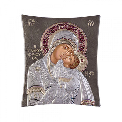 Virgin Mary / Panagia Glykophilousa icon, Elegant Handmade Silver 925 Greek Orthodox icon of Virgin Mary / Panagia Glykophilousa(Sweet Kissing), Byzantine art wall hanging on wood plaque icon, religious con home decor - TheHolyArt