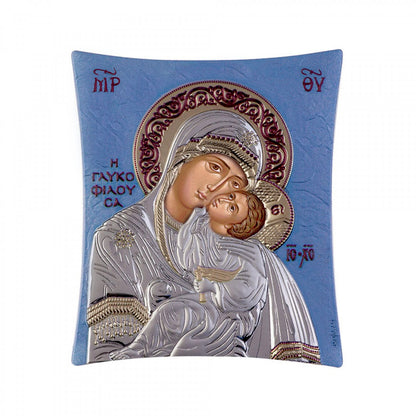 Virgin Mary / Panagia Glykophilousa icon, Elegant Handmade Silver 925 Greek Orthodox icon of Virgin Mary / Panagia Glykophilousa(Sweet Kissing), Byzantine art wall hanging on wood plaque icon, religious con home decor - TheHolyArt