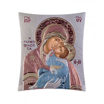 Virgin Mary / Panagia Glykophilousa icon, Elegant Handmade Silver 925 Greek Orthodox icon of Virgin Mary / Panagia Glykophilousa(Sweet Kissing), Byzantine art wall hanging on wood plaque icon, religious con home decor - TheHolyArt