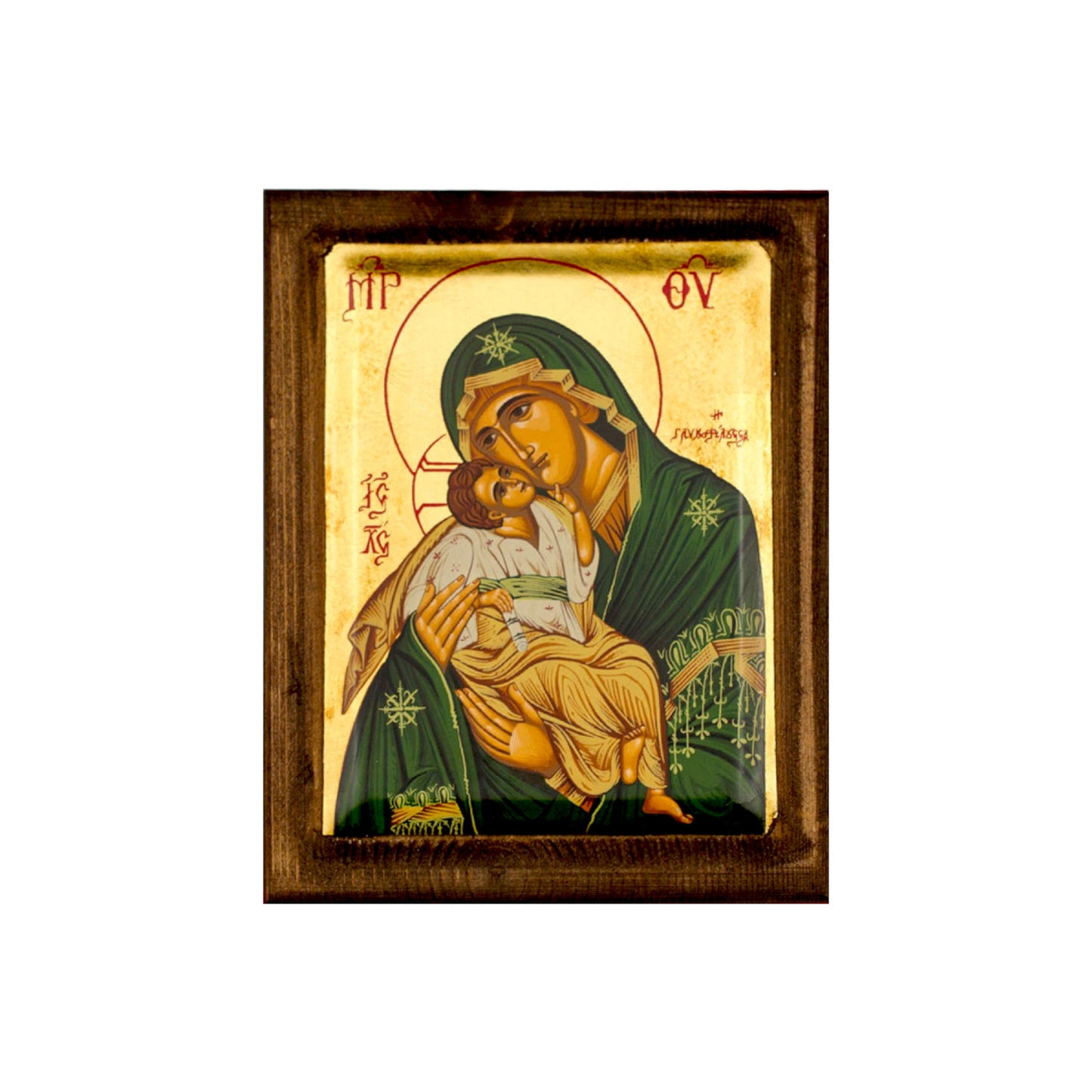 Virgin Mary-Panagia Glykophilousa icon, Gold Canvas Serigraphy Handmade Greek Orthodox icon of Our Lady Byzantine art wall hanging wood, religious plaque