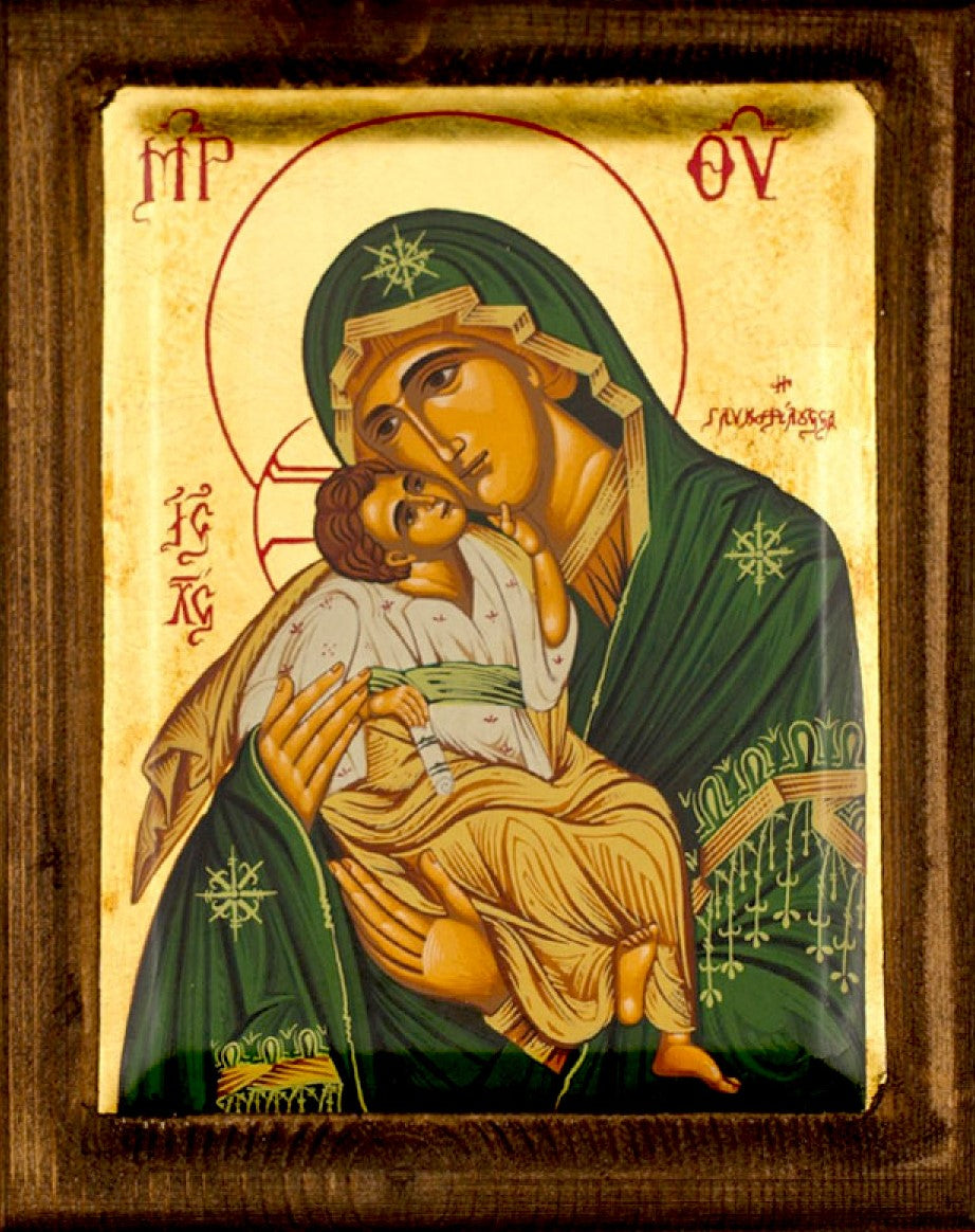 Virgin Mary-Panagia Glykophilousa icon, Gold Canvas Serigraphy Handmade Greek Orthodox icon of Our Lady Byzantine art wall hanging wood, religious plaque