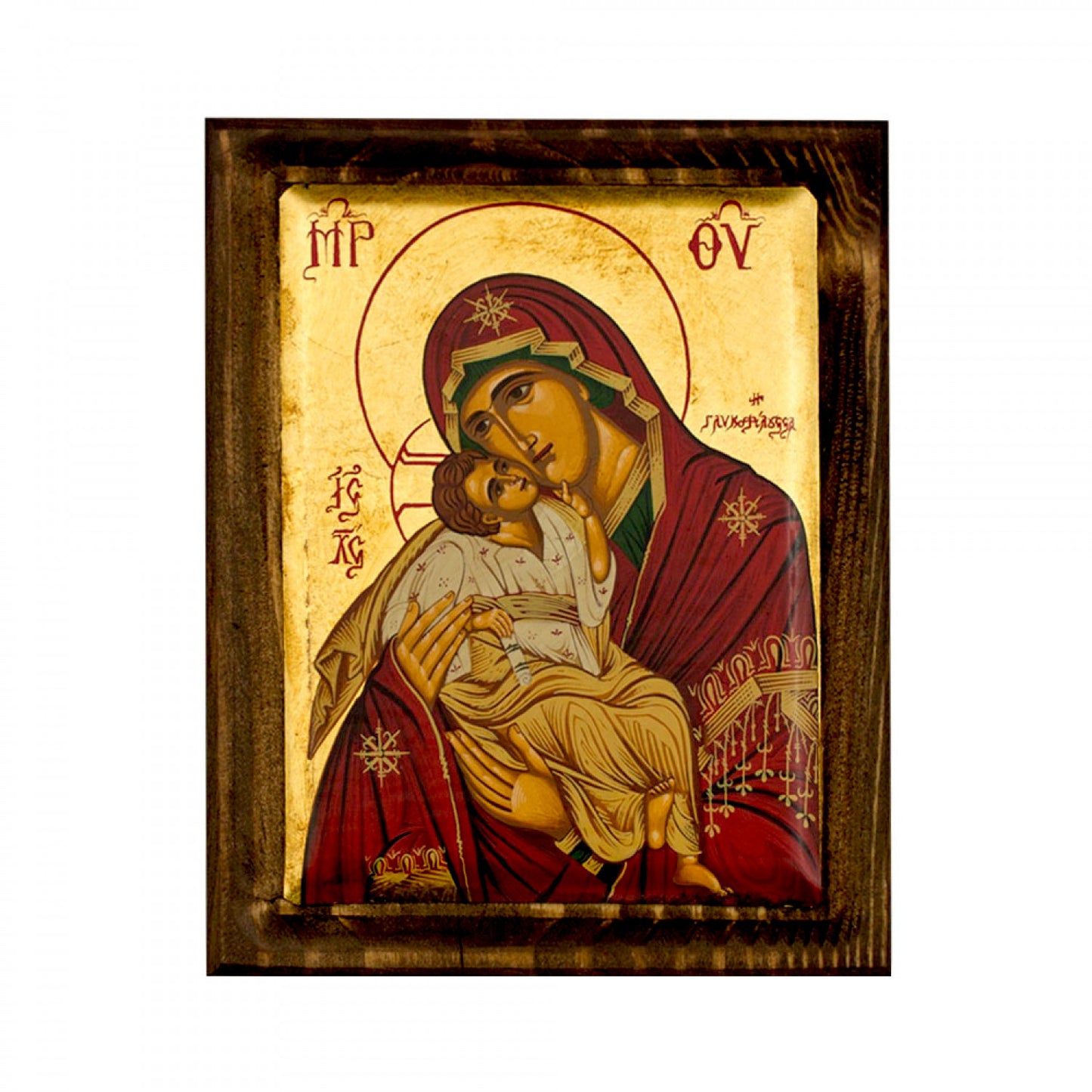 Virgin Mary-Panagia Glykophilousa icon, Gold Canvas Serigraphy Handmade Greek Orthodox icon of Our Lady Byzantine art wall hanging wood, religious plaque