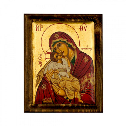 Virgin Mary-Panagia Glykophilousa icon, Gold Canvas Serigraphy Handmade Greek Orthodox icon of Our Lady Byzantine art wall hanging wood, religious plaque