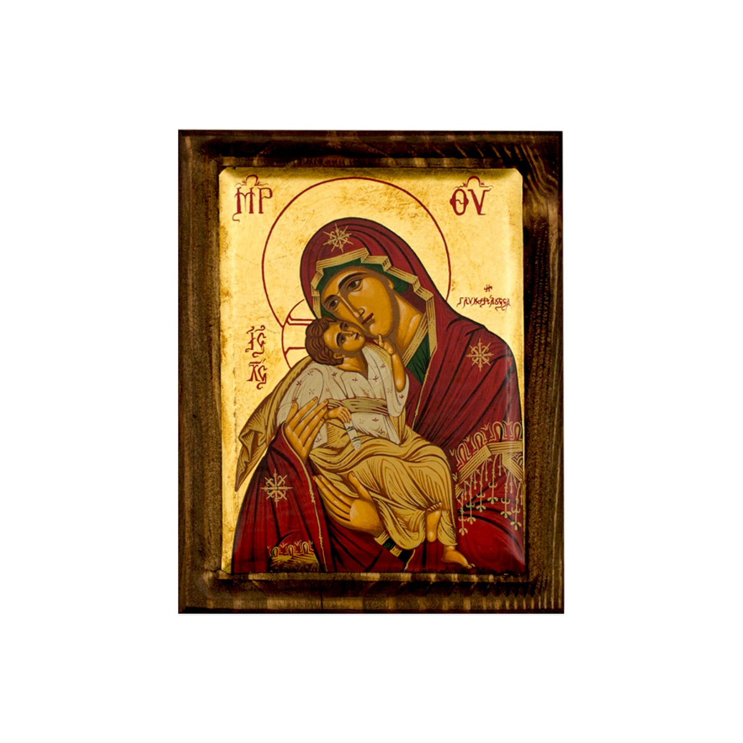Virgin Mary-Panagia Glykophilousa icon, Gold Canvas Serigraphy Handmade Greek Orthodox icon of Our Lady Byzantine art wall hanging wood, religious plaque
