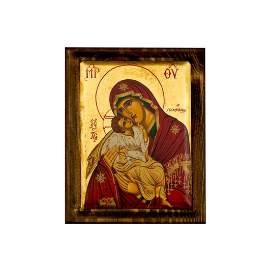 Virgin Mary-Panagia Glykophilousa icon, Gold Canvas Serigraphy Handmade Greek Orthodox icon of Our Lady Byzantine art wall hanging wood, religious plaque