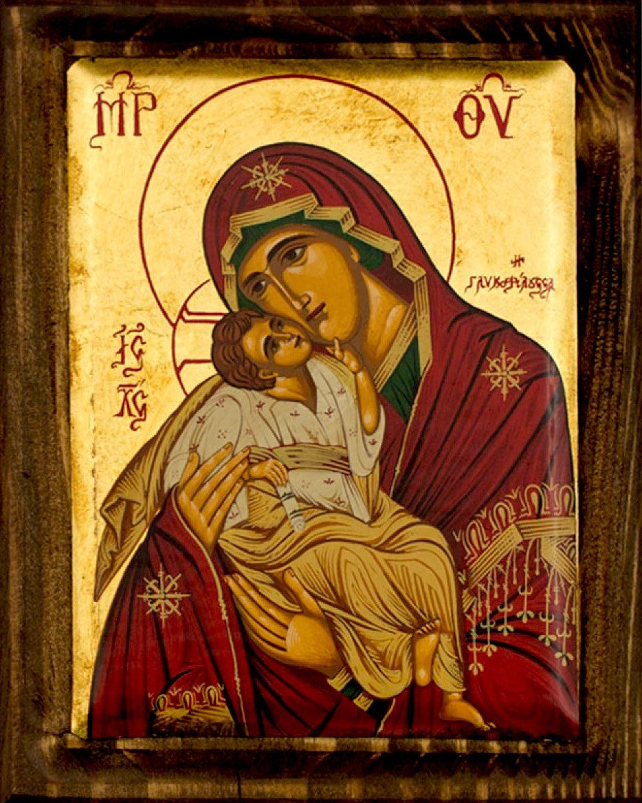 Virgin Mary-Panagia Glykophilousa icon, Gold Canvas Serigraphy Handmade Greek Orthodox icon of Our Lady Byzantine art wall hanging wood, religious plaque