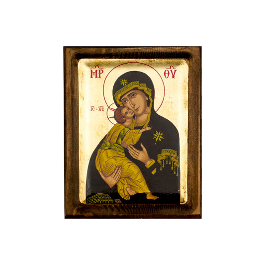 Panagia Glykophilousa Virgin Mary icon, Gold leaf Canvas Serigraphy Handmade Greek Orthodox icon of Our Lady Byzantine art wall hanging wood, religious plaque