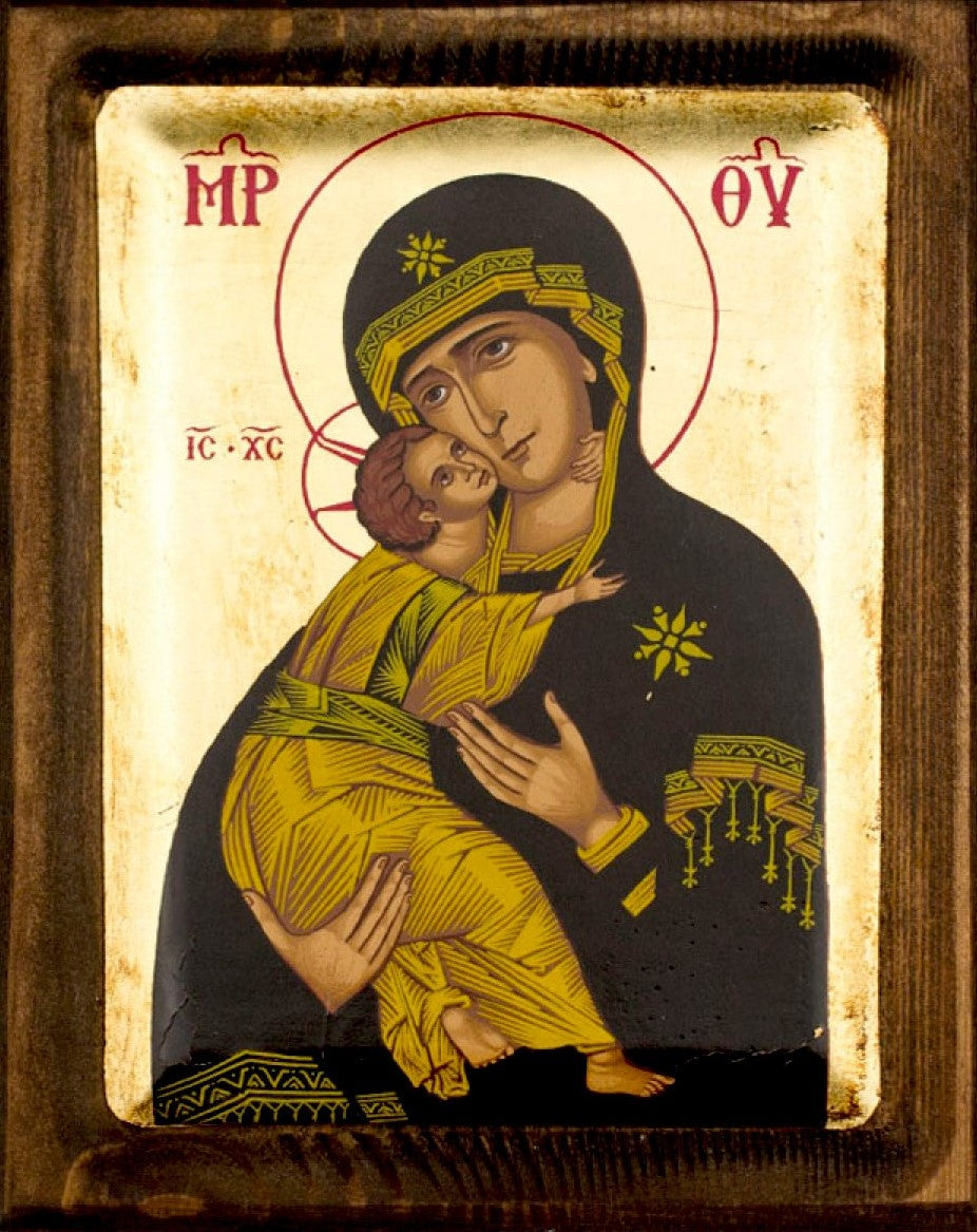Panagia Glykophilousa Virgin Mary icon, Gold leaf Canvas Serigraphy Handmade Greek Orthodox icon of Our Lady Byzantine art wall hanging wood, religious plaque