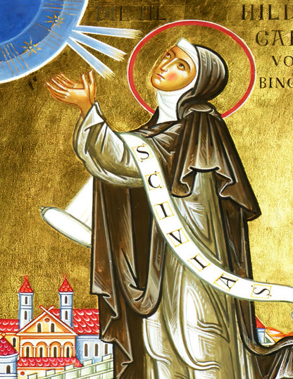 Saint Hildegard icon, Handmade Greek Catholic icon St Hildegard von Bingen, Byzantine art wall hanging on wood plaque, religious decor gift - TheHolyArt