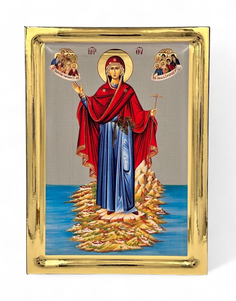 Virgin Mary Athonitissa Guardian of Mount Athos handmade Greek Orthodox serigraphy icon on engraved wood - TheHolyArt