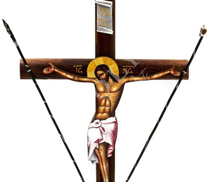 Crucifix Jesus Christ Orthodox Cross, Blessing Cross w/ Spear, Byzantine art wall hanging, Greek Handmade wooden Cross, religious decor - TheHolyArt