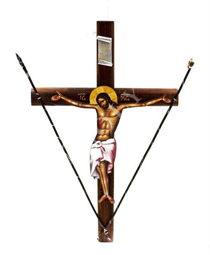Crucifix Jesus Christ Orthodox Cross, Blessing Cross w/ Spear, Byzantine art wall hanging, Greek Handmade wooden Cross, religious decor - TheHolyArt