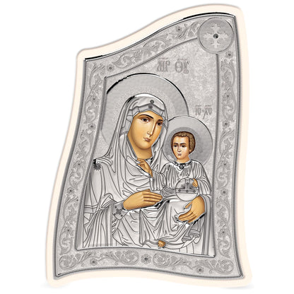 Virgin Mary / Panagia Ierosolymitissa Modern Handmade Silver 925 Greek Orthodox icon, Byzantine art wall hanging on wood plaque icon, religious icon home decor - TheHolyArt