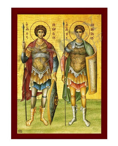 Saint George & Saint Demetrius icon, Handmade Greek Orthodox icon of St George, Byzantine art wall hanging icon wood plaque, religious decor (fb) - TheHolyArt