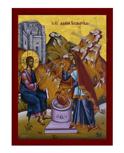 Jesus Christ and the Samaritan Woman icon, Handmade Greek Orthodox icon of our Lord, Byzantine art wall hanging on wood plaque, religious decor - TheHolyArt