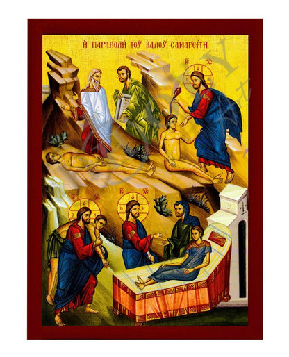 Jesus Christ icon Parable of The Good Samaritan, Handmade Greek Orthodox icon of our Lord, Byzantine art wall hanging on wood plaque, religious decor - TheHolyArt