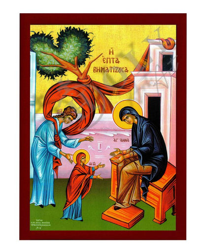 The Seven-Stepping Theotokos (Epta Vimatizousa), Handmade Greek Orthodox icon of Virgin Mary, Byzantine wood plaque - TheHolyArt
