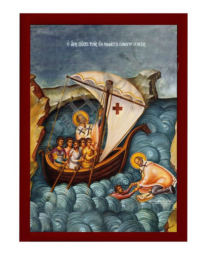 Saint Nicholas icon, Handmade Christian Greek Orthodox icon of St Nicholas saving the Sailors, Byzantine art wall hanging icon on wood plaque - TheHolyArt