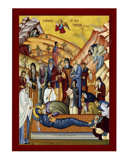 The Dormition of Saint Ephraim icon, Handmade Greek Orthodox icon of St Ephraim of Syria, Byzantine art wall hanging, religious gift - TheHolyArt