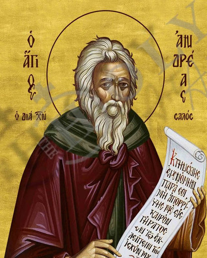 Saint Andrew icon, Handmade Greek Orthodox icon of St Andrew the Fool-for-Christ, Byzantine wood plaque - TheHolyArt