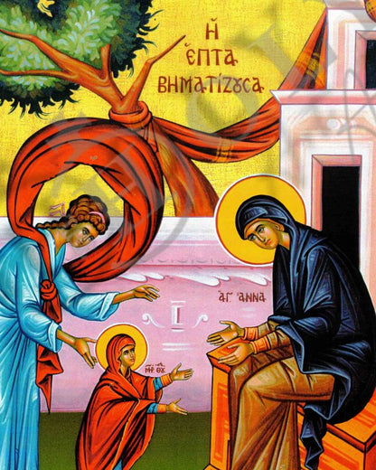 The Seven-Stepping Theotokos (Epta Vimatizousa), Handmade Greek Orthodox icon of Virgin Mary, Byzantine wood plaque - TheHolyArt