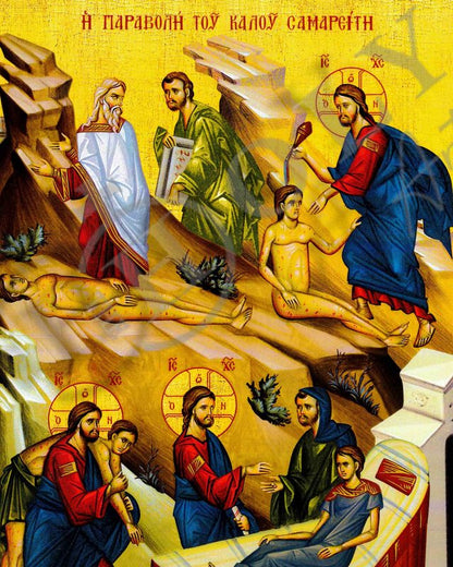 Jesus Christ icon Parable of The Good Samaritan, Handmade Greek Orthodox icon of our Lord, Byzantine art wall hanging on wood plaque, religious decor - TheHolyArt