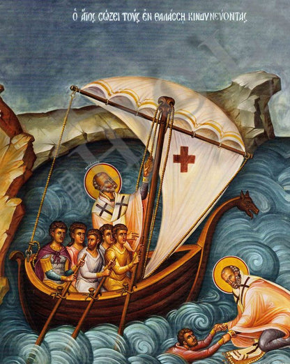 Saint Nicholas icon, Handmade Christian Greek Orthodox icon of St Nicholas saving the Sailors, Byzantine art wall hanging icon on wood plaque - TheHolyArt