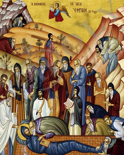 The Dormition of Saint Ephraim icon, Handmade Greek Orthodox icon of St Ephraim of Syria, Byzantine art wall hanging, religious gift - TheHolyArt