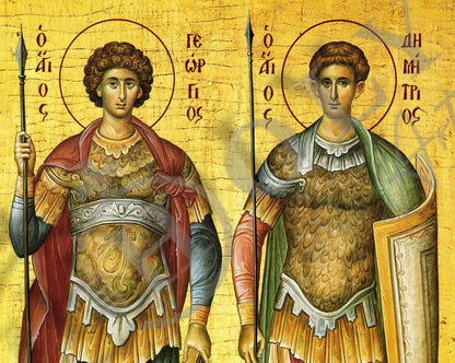 Saint George & Saint Demetrius icon, Handmade Greek Orthodox icon of St George, Byzantine art wall hanging icon wood plaque, religious decor (fb) - TheHolyArt