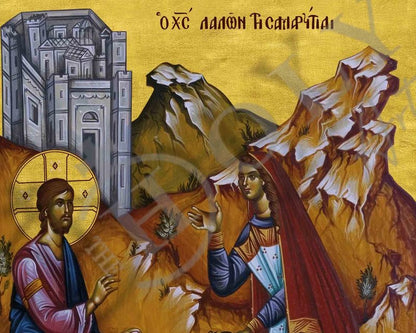 Jesus Christ and the Samaritan Woman icon, Handmade Greek Orthodox icon of our Lord, Byzantine art wall hanging on wood plaque, religious decor - TheHolyArt