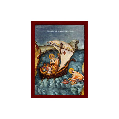 Saint Nicholas icon, Handmade Christian Greek Orthodox icon of St Nicholas saving the Sailors, Byzantine art wall hanging icon on wood plaque - TheHolyArt