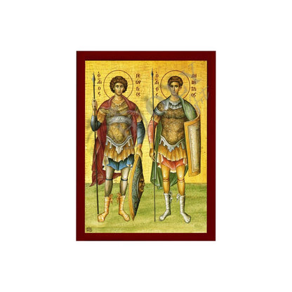 Saint George & Saint Demetrius icon, Handmade Greek Orthodox icon of St George, Byzantine art wall hanging icon wood plaque, religious decor (fb) - TheHolyArt