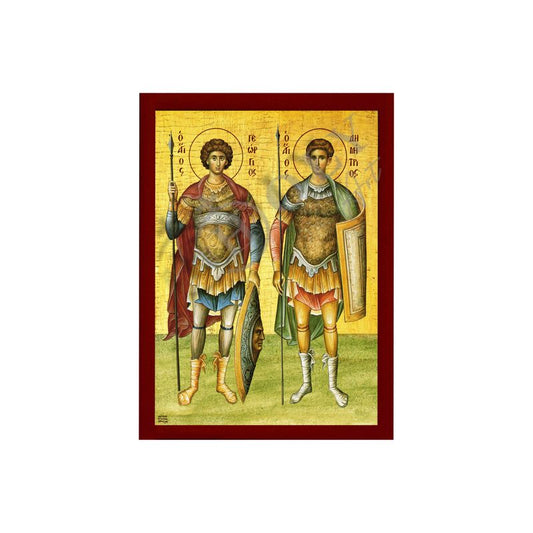 Saint George & Saint Demetrius icon, Handmade Greek Orthodox icon of St George, Byzantine art wall hanging icon wood plaque, religious decor (fb) - TheHolyArt