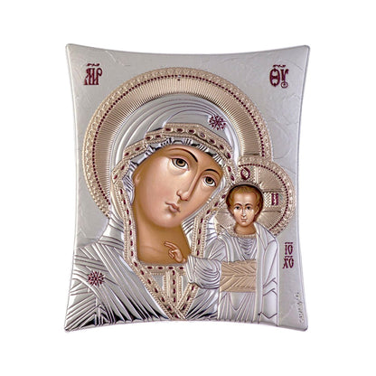 Virgin Mary icon Panagia Kazan, Elegant Handmade Silver 925 Greek Orthodox icon of Panagia Kazan, Byzantine art wall hanging on wood plaque icon, religious con home decor - TheHolyArt