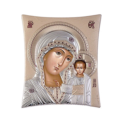 Virgin Mary icon Panagia Kazan, Elegant Handmade Silver 925 Greek Orthodox icon of Panagia Kazan, Byzantine art wall hanging on wood plaque icon, religious con home decor - TheHolyArt