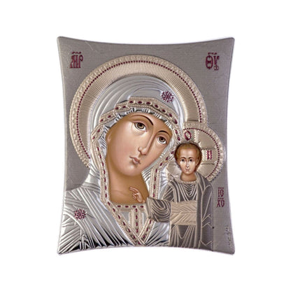 Virgin Mary icon Panagia Kazan, Elegant Handmade Silver 925 Greek Orthodox icon of Panagia Kazan, Byzantine art wall hanging on wood plaque icon, religious con home decor - TheHolyArt
