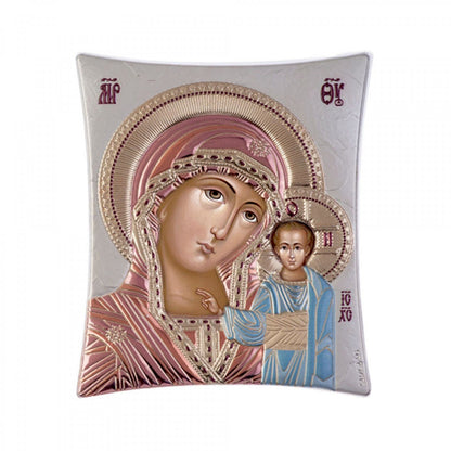 Virgin Mary icon Panagia Kazan, Elegant Handmade Silver 925 Greek Orthodox icon of Panagia Kazan, Byzantine art wall hanging on wood plaque icon, religious con home decor - TheHolyArt