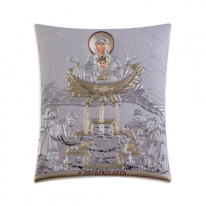 Virgin Mary icon Panagia Life Giving Spring, Elegant Handmade Silver 925 Greek Orthodox icon, Byzantine art wall hanging on wood plaque icon, religious icon home decor - TheHolyArt