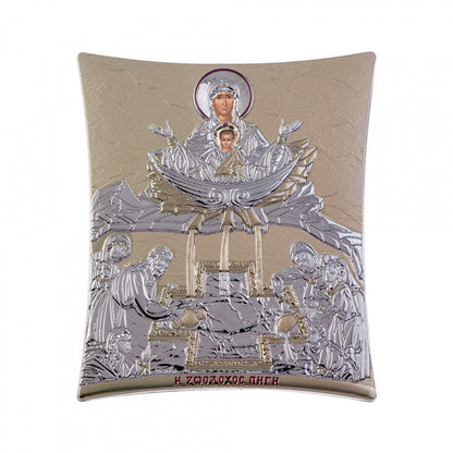 Virgin Mary icon Panagia Life Giving Spring, Elegant Handmade Silver 925 Greek Orthodox icon, Byzantine art wall hanging on wood plaque icon, religious icon home decor - TheHolyArt
