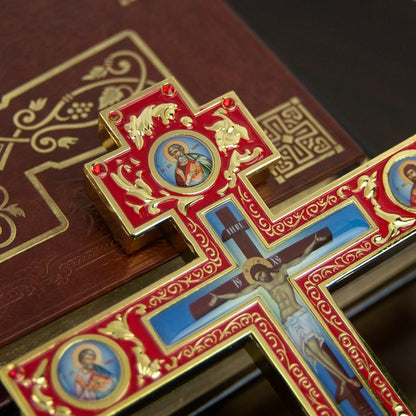 Handmade Orthodox Metal Cross, Jesus Crucifix Religious Prayer Corner Artware, Ceremony Ornate Cross Holding Cross with base - TheHolyArt