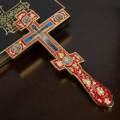 Handmade Orthodox Metal Cross, Jesus Crucifix Religious Prayer Corner Artware, Ceremony Ornate Cross Holding Cross with base - TheHolyArt