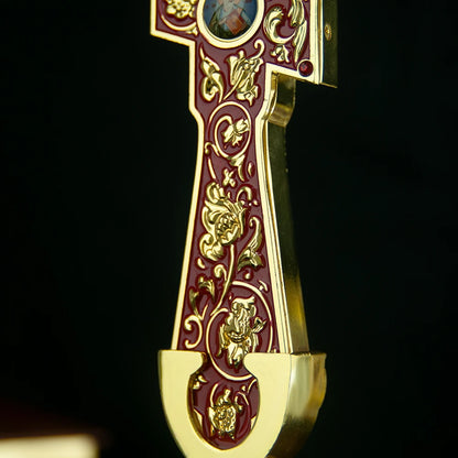 Handmade Orthodox Metal Cross, Jesus Crucifix Religious Prayer Corner Artware, Ceremony Ornate Cross Holding Cross with base - TheHolyArt