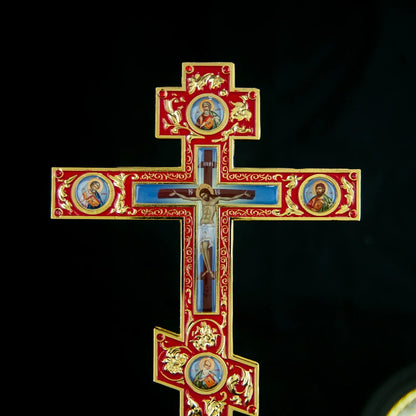 Handmade Orthodox Metal Cross, Jesus Crucifix Religious Prayer Corner Artware, Ceremony Ornate Cross Holding Cross with base - TheHolyArt