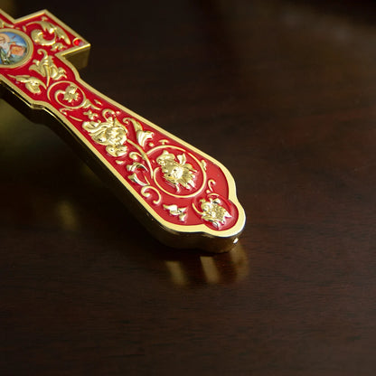 Handmade Orthodox Metal Cross, Jesus Crucifix Religious Prayer Corner Artware, Ceremony Ornate Cross Holding Cross with base - TheHolyArt