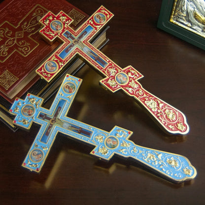 Handmade Orthodox Metal Cross, Jesus Crucifix Religious Prayer Corner Artware, Ceremony Ornate Cross Holding Cross with base - TheHolyArt