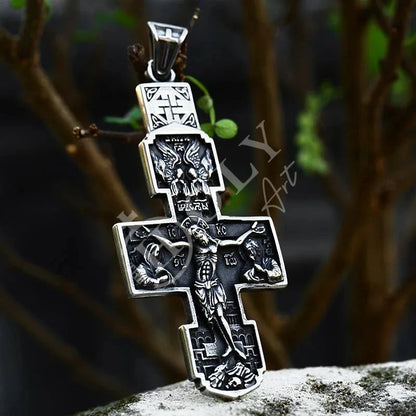 Jesus Cross Men's Stainless Steel Crucifix Eastern Orthodox Pendant Chain Necklace Jewelry BP8-515 - TheHolyArt
