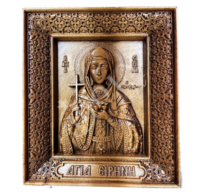 Saint Irene Chrysovalantou icon, Handmade Hand Carved Wooden Greek Orthodox icon of St Irene, Byzantine art wall hanging on wood plaque, religious decor gift - TheHolyArt