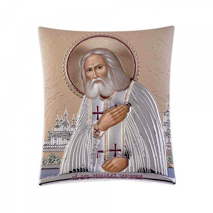 Saint Seraphim icon, Elegant Handmade Silver 925 Greek Orthodox icon, Byzantine art wall hanging on wood plaque icon, religious icon home decor th2 - TheHolyArt