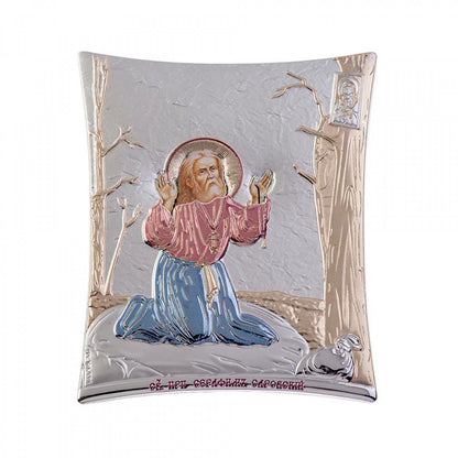 Seraphim of Sarov praying icon, Elegant Handmade Silver 925 Greek Orthodox icon, Byzantine art wall hanging on wood plaque icon, religious icon home decor - TheHolyArt