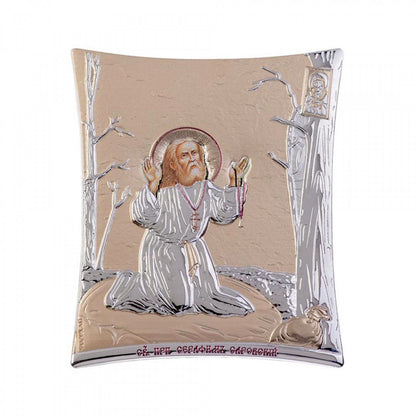 Seraphim of Sarov praying icon, Elegant Handmade Silver 925 Greek Orthodox icon, Byzantine art wall hanging on wood plaque icon, religious icon home decor - TheHolyArt